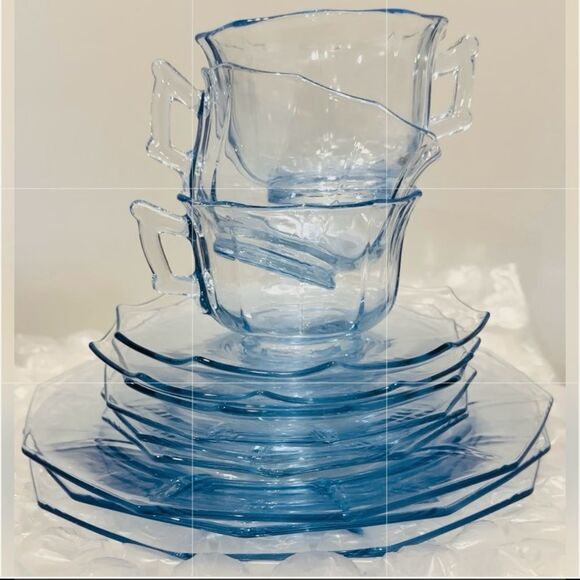 Cambridge Vintage Glass DECAGON Moonlight Blue  Cups, Saucers & Plates Set 12 - Picture 1 of 16